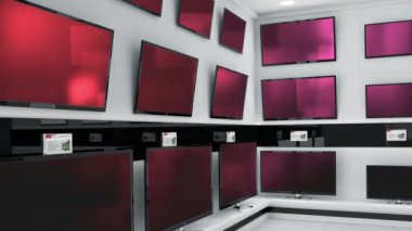 Mağazasında parlak pembe ekranlar olan dizi dizi televizyon animasyonları. küresel iletişim ve teknoloji konsepti dijital olarak oluşturulmuş video.