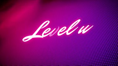 Renkli arkaplan üzerine seviye yükseltilmiş metin canlandırması. Video oyunu, eğlence ve dijital arayüz kavramı dijital olarak oluşturuldu.