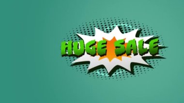 Yeşil arka plandaki spiral ışık izlerine karşı retro konuşma baloncuğunun üzerinde büyük bir satış metni. satış indirimi ve perakende iş konsepti