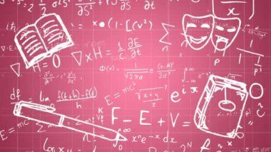Kırmızı arkaplanda matematiksel formüllerin ve renkli simgelerin animasyonu. eğitim ve öğrenme kavramı dijital olarak oluşturulmuş video.