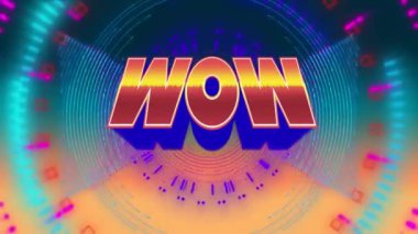 Turuncu ve mavi renkli dönen neon dürbünlerin üzerinde metin animasyonu. Video oyunu, eğlence ve dijital arayüz kavramı dijital olarak oluşturuldu.