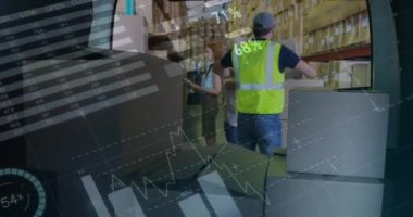 Teslimatçıyla ilgili istatistik ve finansal veri işleme animasyonu. küresel gönderim, dağıtım, iş, veri işleme ve teknoloji konsepti dijital olarak oluşturulmuş video.