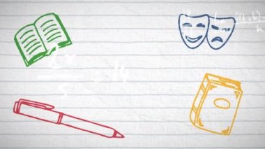 Okul kavramının dijital animasyonları beyaz çizgili kağıttaki matematiksel denklemlere karşı. Okula ve eğitim konseptine dönüş
