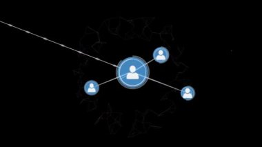 Siyah arkaplandaki simgelerle bağlantı ağlarının animasyonu. küresel bağlantılar, geliştirme ve dijital arayüz konsepti dijital olarak oluşturulmuş video.