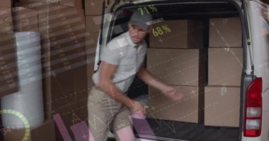 Teslimatçıyla ilgili istatistik ve finansal veri işleme animasyonu. küresel gönderim, dağıtım, iş, veri işleme ve teknoloji konsepti dijital olarak oluşturulmuş video.