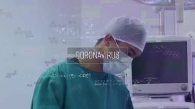 Yüz maskesi takmış bir cerrah için Coperid 19 metni animasyonu. küresel covid 19 salgın konsepti dijital olarak oluşturulmuş video.