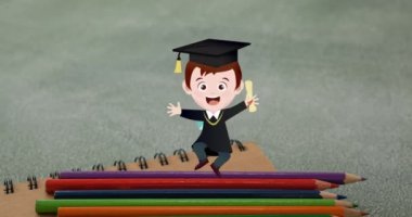 Okul eşyalarının okul eşyalarının üzerinde hareket eden simgelerinin canlandırılması. eğitim, geliştirme ve öğrenme konsepti dijital olarak oluşturulmuş video.
