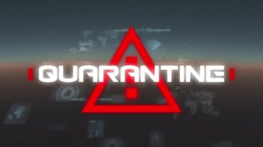 Veri işleme arayüzü üzerinden covid 19 uyarı metni karantinası animasyonu. küresel covid 19 pandemik uyarı konsepti dijital olarak oluşturulmuş video.
