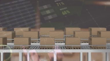 Taşıyıcı banttaki çoklu dağıtım kutularıyla istatistiksel veri işleme. lojistik ve ulaşım sektörü kavramı