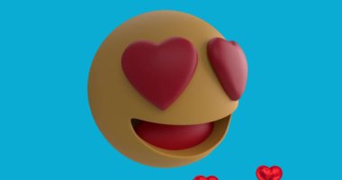 Kırmızı kalpli, mavi arka planda kırmızı balon ikonları olan gülümseyen emoji ikonu animasyonu. küresel sosyal medya ve iletişim konsepti dijital olarak oluşturulmuş video.
