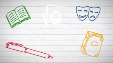 Okul kavramının dijital animasyonları beyaz çizgili kağıttaki matematiksel denklemlere karşı. Okula ve eğitim konseptine dönüş