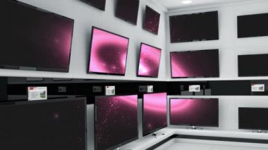 Parlak pembe ekranlı dizi dizi televizyon animasyonları. küresel bağlantılar, teknoloji ve dijital arayüz konsepti dijital olarak oluşturulmuş video.