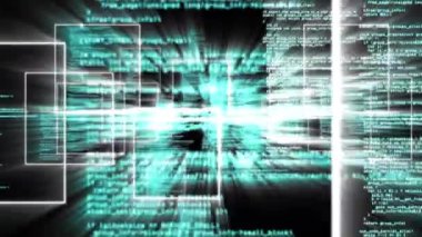 Veri işlemenin dijital animasyonu ve siyah arkaplanda yüzen çoklu kare şekiller. bilgisayar arayüzü ve teknoloji kavramı