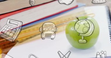 Okul eşyalarının animasyonları masa üstünde kitap ve elmayla birlikte. eğitim, geliştirme ve öğrenme konsepti dijital olarak oluşturulmuş video.