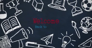 Okul eşyalarının ikonları üzerinden okula hoş geldin mesajı animasyonu. eğitim ve öğrenme kavramı dijital olarak oluşturulmuş video.