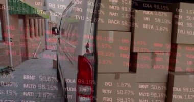 Teslimatçıyla ilgili istatistik ve finansal veri işleme animasyonu. küresel gönderim, dağıtım, iş, veri işleme ve teknoloji konsepti dijital olarak oluşturulmuş video.