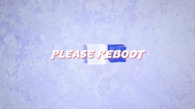 Beyazın canlandırması lütfen metni yeniden başlat, hareket eden mavi ve beyaz küplerin üzerinde, leylak arkaplan üzerinde. 