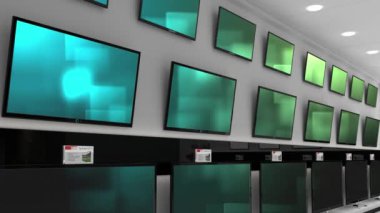 Mağazada parlayan yeşil ekranlı sıra dizi televizyon animasyonları. küresel iletişim ve teknoloji konsepti dijital olarak oluşturulmuş video.