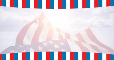 Amerikan bayrağı üzerinde kırmızı ve mavi çizgiler olan mutlu başkanlar günü metninin animasyonu. Vatanseverlik, bağımsızlık ve kutlama konsepti dijital olarak oluşturulmuş video.