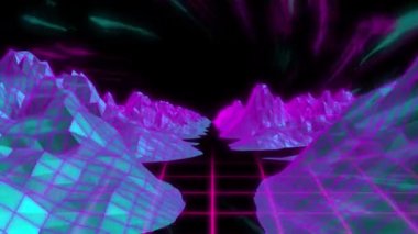 Siyah üzerine hareket eden pembe ve mavi dijital manzara ve ızgaranın animasyonu. küresel iletişim ağı ve dijital arayüz arkaplan kavramı dijital olarak oluşturulmuş video.