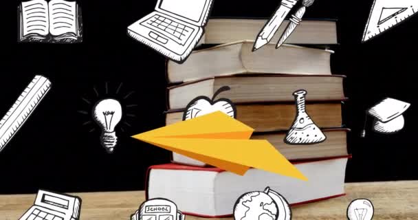 Анимация Школьных Предметов Иконки Над Книгами Столе Образование Развитие Концепция — стоковое видео