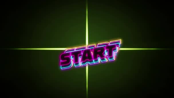 黒の背景に緑のライトの上にテキストを開始するアニメーション ビデオゲーム エンターテイメントとデジタルインターフェースの概念デジタル生成されたビデオ — ストック動画