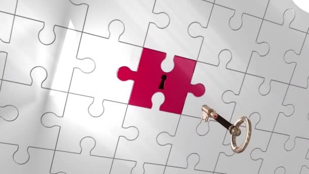 Animation Key Unlocking Jigsaw Piece Brightly Lit Red Carpet Venue — Stock Video
