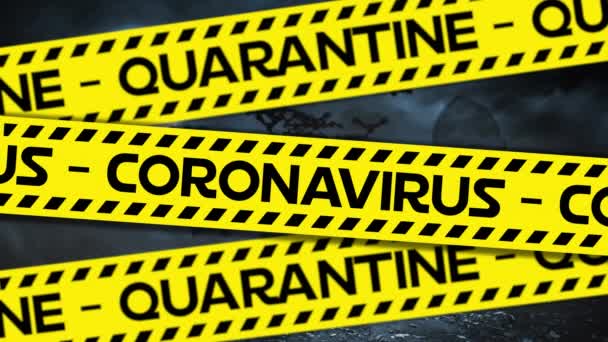 Animación Texto Advertencia Cuarentena Coronavirus Cinta Peligro Amarillo Con Murciélagos — Vídeo de stock