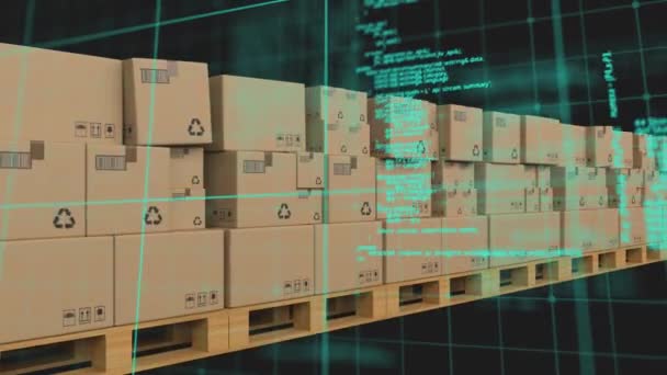 Datenverarbeitung Über Das Netz Gegen Mehrere Lieferboxen Auf Dem Förderband — Stockvideo