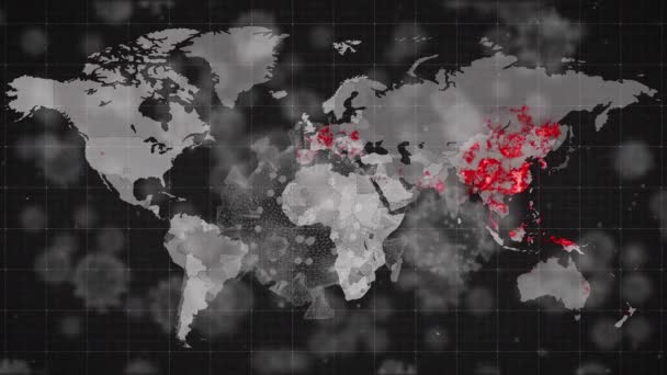 Анимация Ковида Ячеек Карте Мира Обработка Данных Глобальный Шабаш Пандемия — стоковое видео