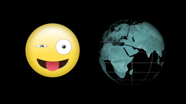 Animatie Van Emoji Icoon Bol Draaien Zwarte Achtergrond Mondiaal Sociaal — Stockvideo