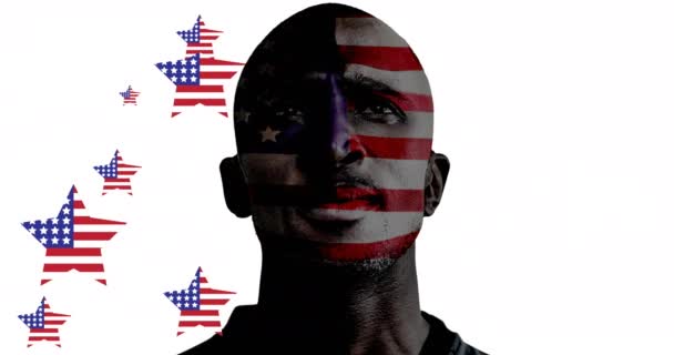 Animation American Flag Stars Moving Thoughtful African American Man White — Stock Video