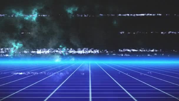 Animation Von Verzerrungslinien Über Bewegtem Blauem Gitter Mit Leuchtendem Horizont — Stockvideo