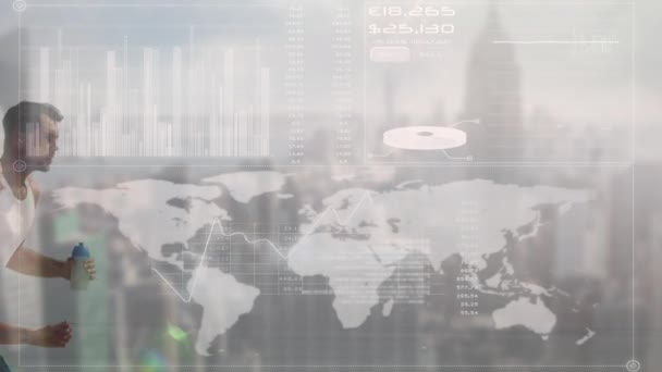 Animación Del Procesamiento Datos Con Mapa Del Mundo Paisaje Urbano — Vídeo de stock