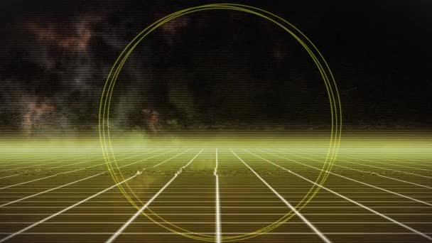 Animation Yellow Green Rings Moving Glowing Yellow Grid Horizon Moving — Stock Video