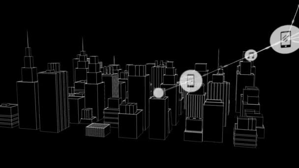 Animación Redes Conexiones Con Iconos Sobre Dibujo Ciudad Girando Sobre — Vídeo de stock