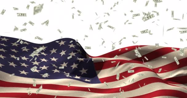 Animação Notas Dólares Americanos Cair Sobre Bandeira Americana Conceito Patriotismo — Vídeo de Stock