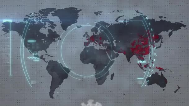 世界地図上のCovid 19セルのアニメーション スコープスキャンおよびデータ処理 世界中で流行している19の概念をデジタルで — ストック動画