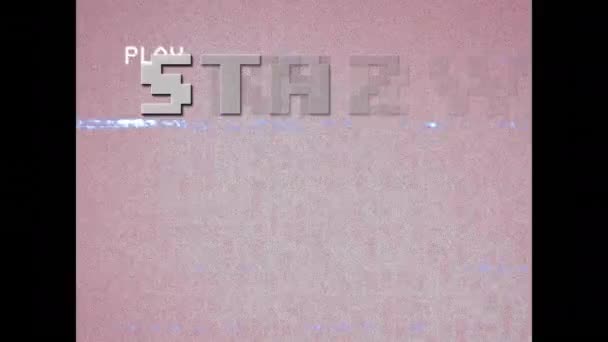 Начинается Анимация Белого Пиксельного Текста Интерфейсе Воспроизведения Помехами Розовым Фоном — стоковое видео