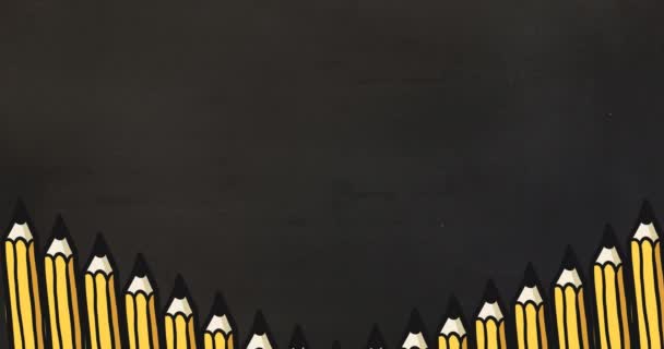 Анімація Тексту Назад Школи Над Цифровими Піктограмами Олівця Чорному Тлі — стокове відео