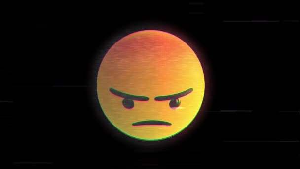 Digital Animation Glitch Effekt Över Arg Ansikte Emoji Mot Svart — Stockvideo