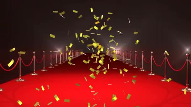 Animación Confeti Oro Cayendo Sobre Lugar Alfombra Roja Con Bombillas — Vídeo de stock