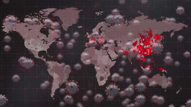 Animazione Cellule Covid Sulla Mappa Del Mondo Elaborazione Dei Dati — Video Stock