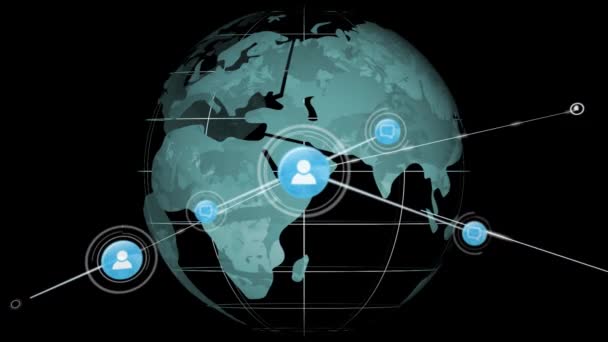 Animacja Sieci Połączeń Ikonami Globie Czarnym Tle Globalne Połączenia Rozwój — Wideo stockowe