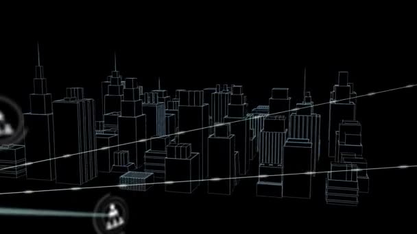 Animación Redes Conexiones Con Iconos Sobre Dibujo Ciudad Girando Sobre — Vídeos de Stock