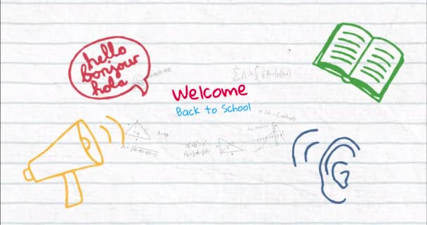 Animáció Iskolai Szövegből Iskolai Tárgyak Ikonjairól Oktatási Tanulási Koncepció Digitálisan — Stock videók