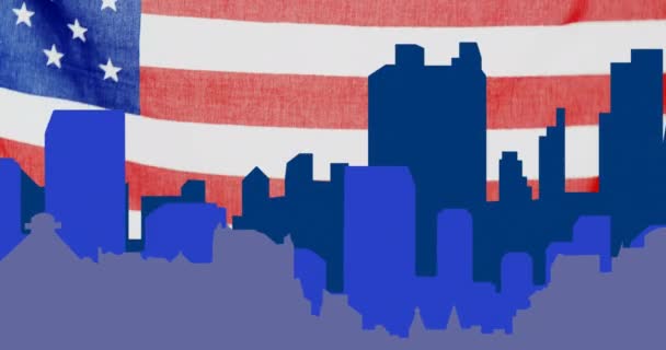 Animación Paisaje Urbano Azul Moviéndose Sobre Ondeando Bandera Americana Patriotismo — Vídeos de Stock