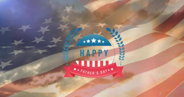幸せな父の日のテキストのアニメーション 日没の空とアメリカの旗の上 愛国心独立お祝いのコンセプトデジタルで生成されたビデオ — ストック動画