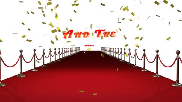 Animation Gold Confetti Text Winner Red Carpet Venue White Entertainment — Stock Video