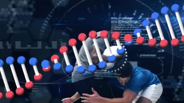 Animation Data Processing Dna Strand Rugby Players Sport Competition Concept — Stock Video